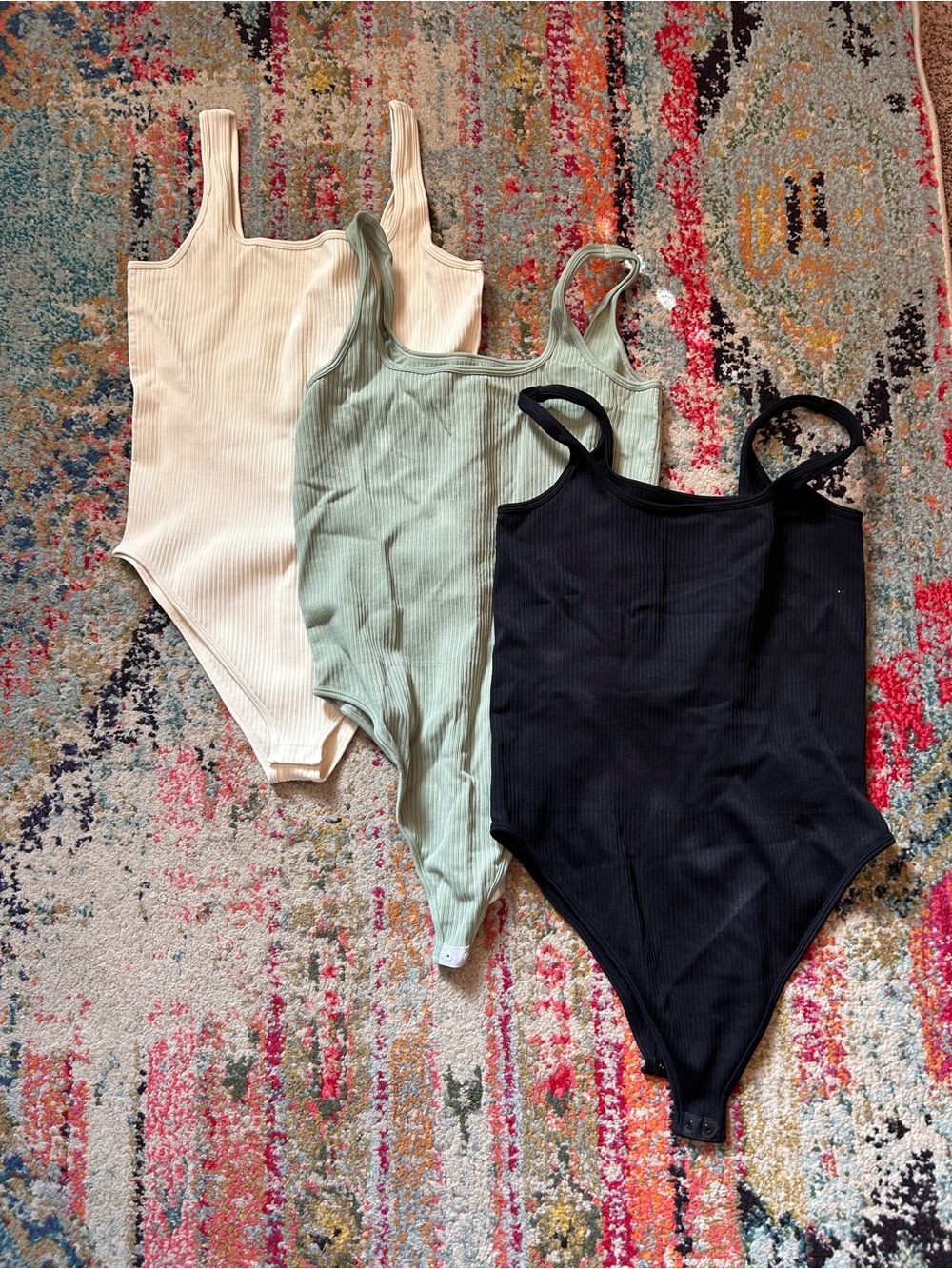 Women’s Ribbed One-Piece Bodysuit in Cream, Sage & Black- 2XL